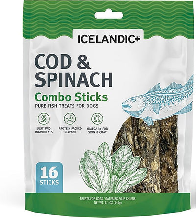Icelandic+ Combo Sticks: Cod & Spinach - 16ct, 5.1oz Bag - Dog Treats, 2 Ingredient Pet Snacks, Wild Caught Fish, Slow Baked, Crunchy Natural Chews