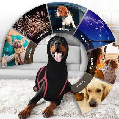 DENTRUN Dog Anxiety Vest for Calming Relief – Weighted Pressure Shirt with Noise Cancelling Ear Wraps for Fireworks Thunderstorm Separation Travel Vet Visit, Soft Stretchy Hoodie for Pets