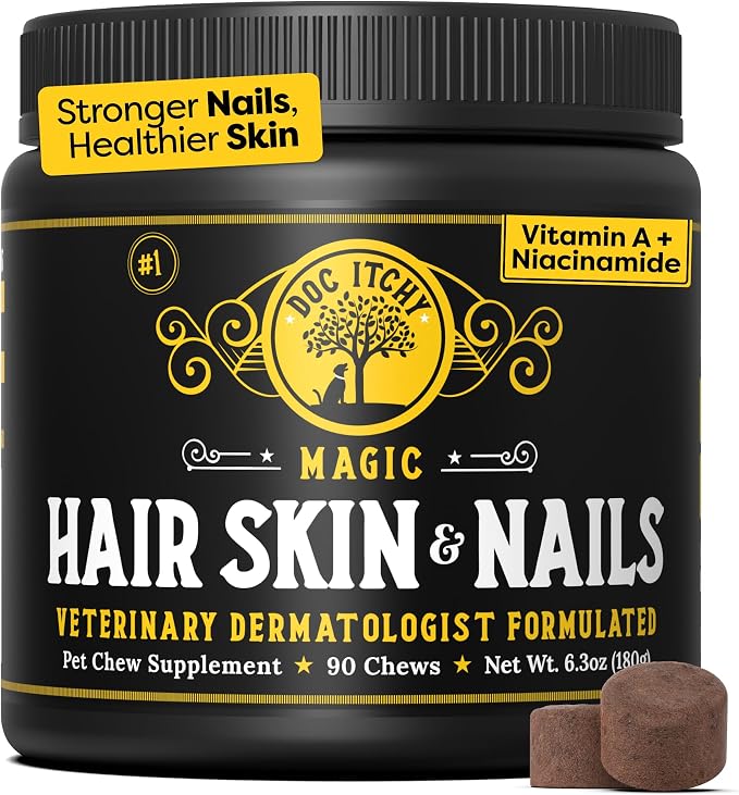 Medical-Strength Hair Skin & Nails Dog Supplement | Vitamin A, Niacinamide and EPA Omega 3 for Dogs | Super Nutrients to Boost Skin Health, Prevent Irritation & Promote Stronger Nails | 90 Chews
