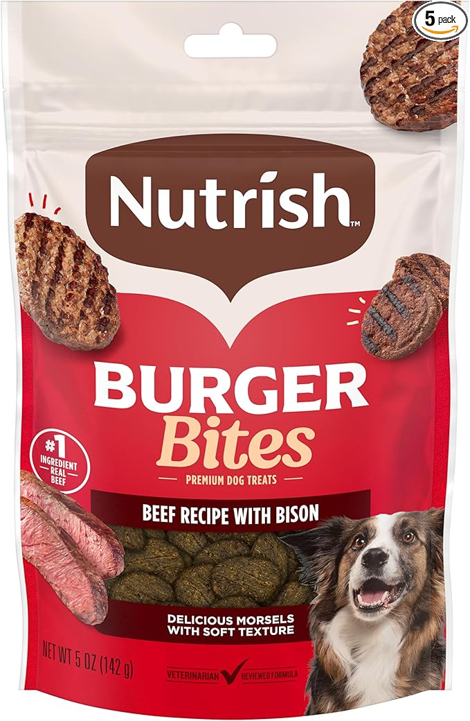 Nutrish Burger Bites Beef Recipe with Bison Premium Dog Treats, 5 oz. Pouch, Pack of 5 (Rachael Ray)