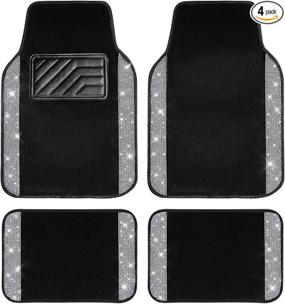 CAR PASS Bling Diamond Car Floor Mats, Shining Rhinestone Carpet Sparkly Glitter Crystal with Anti-Slip PVC Heel Pad Waterproof Universal Fit Automotive SUV,Sedan,Van,Cute Girl Women,4pcs Black Sliver