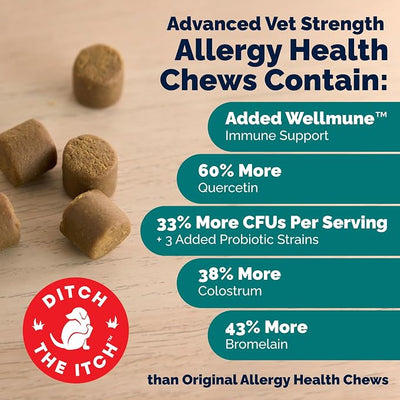 Vetnique Dermabliss Dog Allergy Chews Advanced Strength for Itch & Skin Relief, Anti-Itch Supplement with Aller-Biotic Pro, Quercetin, Wellmune & Omega 3 (60ct, Advanced Strength Chews)