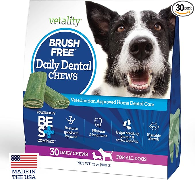 Vetality Brush Free Daily Dental Care Chews for Dogs | Cleans Teeth and Freshens Breath | 30 Count | B.E.S.T. Complex Provides Complete Oral Cleaning and Tartar Control