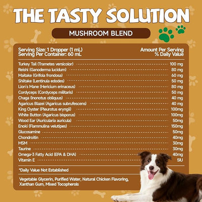 2 Pack Organic Mushroom Supplement for Dogs - 18-in-1 Blend with Turkey Tail, Reishi, Lion's Mane, Supports Immune Defense, Allergy Relief, Joint & Skin Health, Roast Chicken Flavor Liquid, 120mL