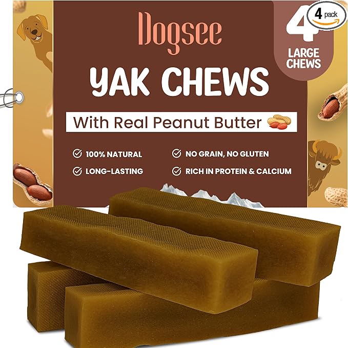 Dogsee Himalayan Yak Chew with Peanut Butter 1lb (Large - 4 Chews) 60% Protein, Support Muscle Growth in Dogs Fights Plaque & Tartar Dog Treats Healthy Dog Chews for Teeth Cleaning