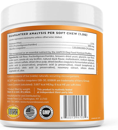 Wonder Paws Probiotics for Dogs – Daily Probiotic Supports Gut Health, Digestion, Gas, Bloating, Constipation, Stomach Relief & Immune Support - With Natural Probiotic & Prebiotic – 90 Probiotic Chews