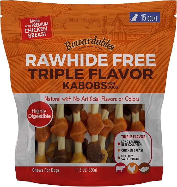Rewardables Rawhide Free Triple Flavor Kabobs for Dogs | Real Chicken, Beef and Healthy Sweet Potato | 15 Count