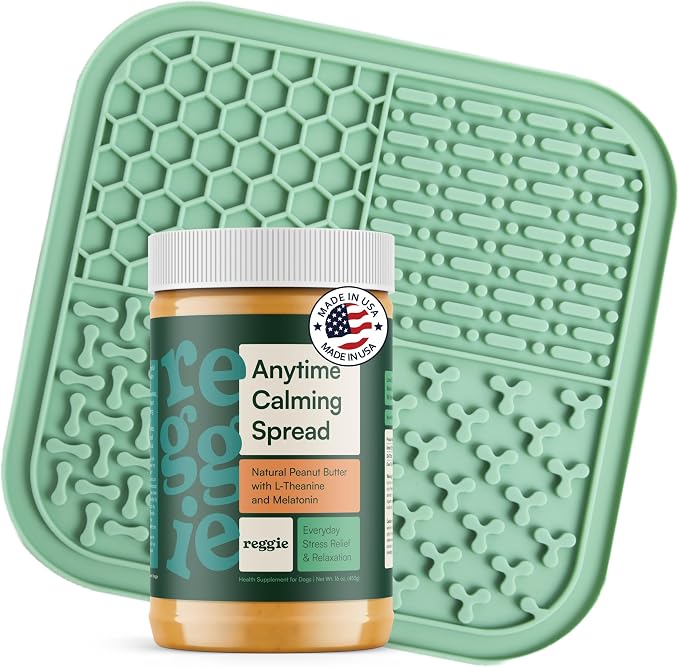 Reggie Calming Spread for Dogs, 100% Natural Peanut Butter with Melatonin & L-Theanine, Short-Term Dog Anxiety Relief, Made in USA (Calming Spread+Lick Mat Green)