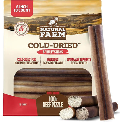 Natural Farm Cold-Dried™ Bully Sticks 6 Inch (10 Count) – Odor Free, High Protein Dog Chews – 100% Beef Pizzle, Single Ingredient.