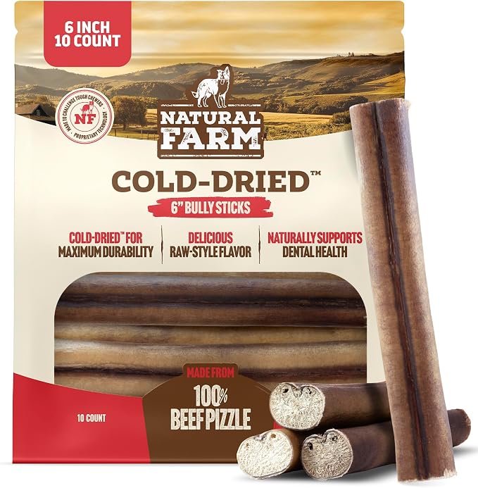 Natural Farm Cold-Dried™ Bully Sticks 6 Inch (10 Count) – Odor Free, High Protein Dog Chews – 100% Beef Pizzle, Single Ingredient.