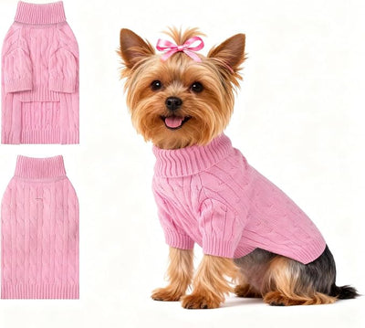 Small Dog Thermal Pullover Sweater, Classic Turtleneck Cable Knitwear Dog Clothes for Cold Weather Warm Pet Clothes for Chihuahua, Bulldog, Dachshund, Pug Pink Small