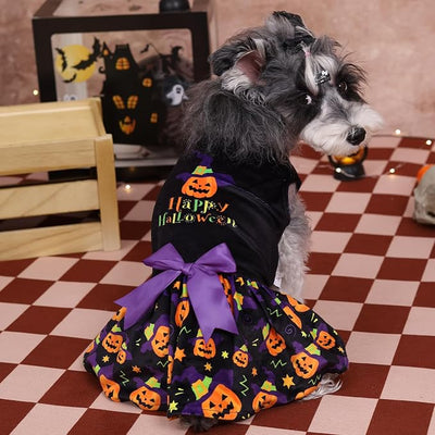 CuteBone Halloween Dog Dresses Velvet Holiday Small Dogs Clothes Onesie Pet Apparel Girl Puppy Skirt with Bow Hair Rope