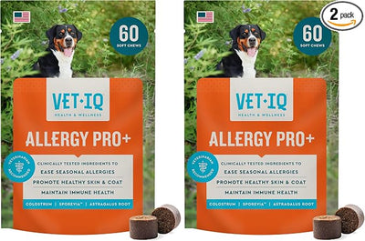 VetIQ Allergy Pro+ Soft Chews for Dogs, 60 Count, Seasonal Allergy Support, Colostrum, Astragalus Root, Sporevia, Hickory Smoke Flavor (Pack of 2)