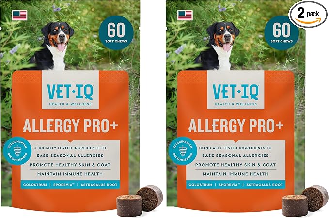 VetIQ Allergy Pro+ Soft Chews for Dogs, 60 Count, Seasonal Allergy Support, Colostrum, Astragalus Root, Sporevia, Hickory Smoke Flavor (Pack of 2)