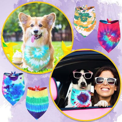 Silkfly 50 Pcs Summer Tie Dye Dog Bandanas Bulk Pet Scarf Grooming Salon Colorful Triangle Washable Male and Female Dog Bib Neckerchief for Puppy Large Pet Birthday Party Decor(Large)