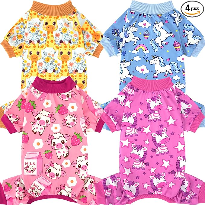 XPUDAC 4 Pack Dog Pajamas for Small Medium Dogs, Strechy Soft Puppy Clothes for Doggie Girl Boy Pet Jumpsuit, Cat Onesie-XS