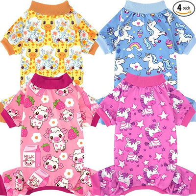XPUDAC 4 Pack Dog Pajamas for Small Medium Dogs, Strechy Soft Puppy Clothes for Doggie Girl Boy Pet Jumpsuit, Cat Onesie-S