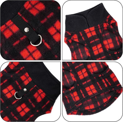 Rbenxia 1 PC Plaid Dog Sweaters with Leash Ring Soft Fleece Vest Dogs Pullover Warm Jacket Pet Dogs Clothes Winter Dog Outfits for Small Puppy Cat Pets (Black and Red, X-Small)