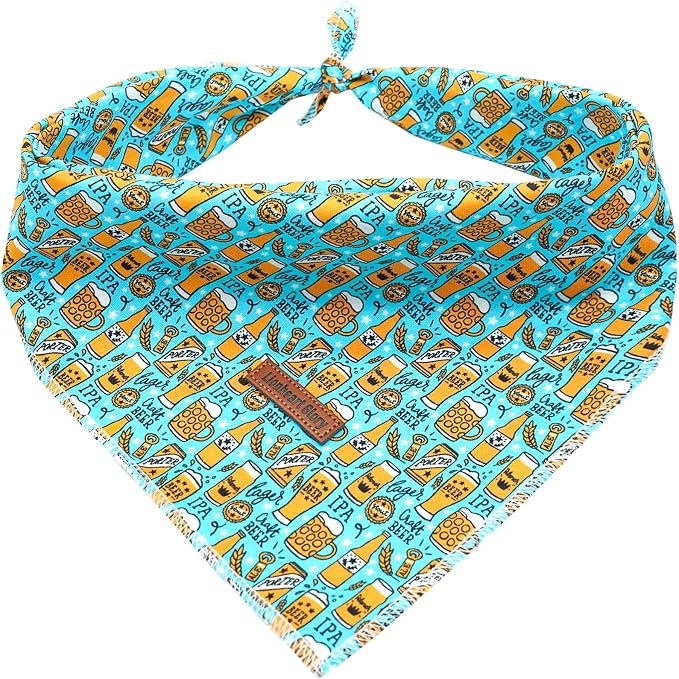 Lionheart glory Dog Bandana 1 Pack Washable Soft Blue Dog Scarf, Beer Print Boy Bandana Square Adjustable Dog Bandanas for Small Medium Large Dogs