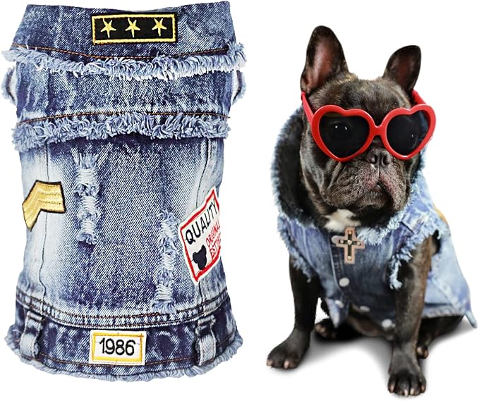 SILD Pet Clothes Dog Jeans Jacket Cool Blue Denim Coat Small Medium Puppy Blue Vintage Washed Clothes Dogs Lapel Vests Classic Hoodies