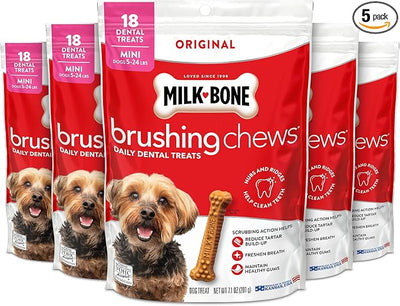 Milk-Bone Brushing Chews Original Chicken Flavor Daily Dental Dog Treats, Mini, 7.1 Oz. Bag (Pack of 5)