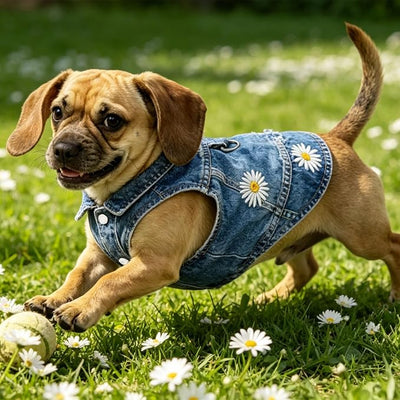 Dog Jean Jacket, Blue Denim Shirt Classic Lapel Vest Coat Costume Puppy T-Shirt, Comfort Tank Top Cool Apparel, Washed Pet Clothes for Dogs Boy Girl (Daisy Meadow with D-Ring, Large)