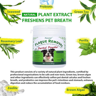 Petstoral Natural Dog Dental Powder, Dog Dental Care - Plaque Remover and Bad Breath Treatment, Healthy Gums & Fresh Breath for All Dogs and Cats 2 oz.