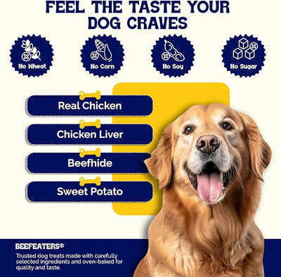 Beefeaters Triple Flavor Beefhide Kabobs 12oz, Dog Treats with Real Chicken, Liver & Sweet Potato – Long-Lasting Dog Kabob Treats for Chewing, Dental Support*, Flavor-Packed Treats - Training Rewards
