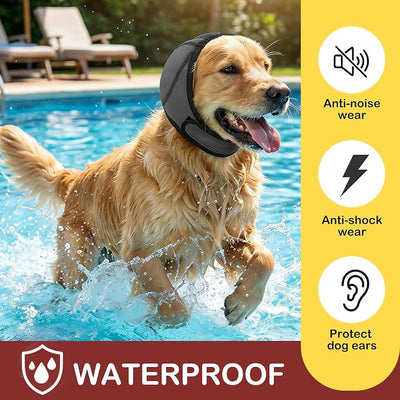 Dog Ear Muffs & No-Shake Ear Wrap – Waterproof Calming Hoodie for Thunder,Swimming, Bath & Noise Anxiety Relief | Quick-Dry Dog Head Wrap for Aural Hematoma Prevention, Grooming, Fireworks, Vet Visits
