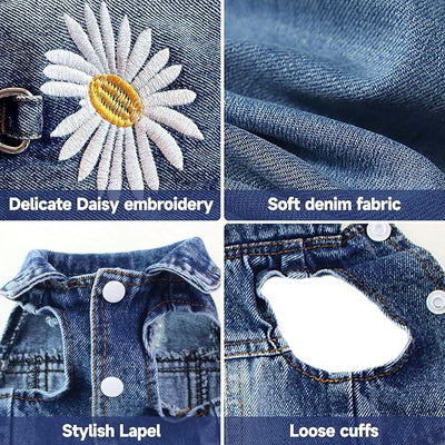 Dog Jean Jacket, Blue Denim Shirt Classic Lapel Vest Coat Costume Puppy T-Shirt, Comfort Tank Top Cool Apparel, Washed Pet Clothes for Dogs Boy Girl (Daisy Bloom with D-Ring, X-Large)