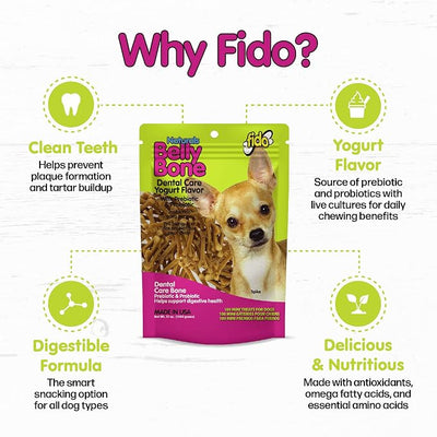 Fido Belly Bones for Dogs, Mini - 100 Count - Yogurt-Flavor Dental Treats for Small Dogs - Plaque & Tartar Control for Fresh Breath - Digestive Support - Made in USA