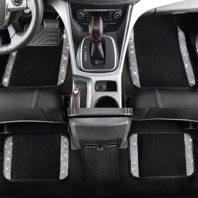 CAR PASS Bling Diamond Car Floor Mats, Shining Rhinestone Carpet Sparkly Glitter Crystal with Anti-Slip PVC Heel Pad Waterproof Universal Fit Automotive SUV,Sedan,Van,Cute Girl Women,4pcs Black Sliver