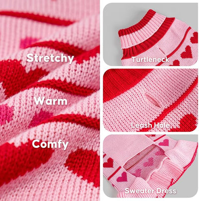 KYEESE Valentines Dog Sweater, Warm Pullover Dog Sweaters for Small Dogs, Soft Turtleneck Small Dogs Sweater, Stretchy Pet Sweaters Dress with Heart Print, Comfy Pet Clothes Coat with Leash Hole, L
