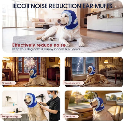 IECOii Dog Ear Cover Muffs for Dogs,Soft Calming Hood that Helps Dogs Feel More Comfortable During Fireworks,Thunderstorms, Grooming & Travel,Adjustable Dog Ear Wrap(Blue,XL)