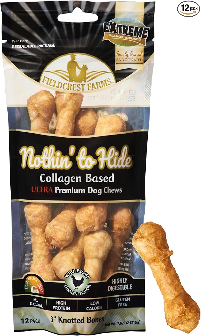 Fieldcrest Farms Nothin' to Hide 3 inch Ultra Knotted Bone Treats - Natural Rawhide Alternative Treats for Dogs, Collagen Based Snack for Heavy Chewers up to 15lbs - Chicken Flavor, 12 Pack