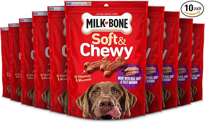 Milk-Bone Soft & Chewy Dog Treats, Made with Real Beef & Filet Mignon, 5.6 Ounce Pouch (Pack of 10)