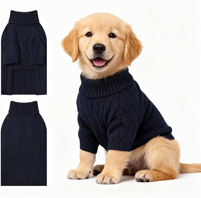 Small Dog Thermal Pullover Sweater, Classic Turtleneck Cable Knitwear Dog Clothes for Cold Weather Warm Pet Clothes for Chihuahua, Bulldog, Dachshund, Pug Navy XX-Large