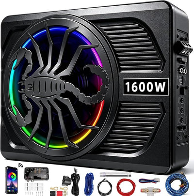 Upgrade1600W Under Seat Subwoofer | 10" Slim Car Sub with Built-in Amp, RGB LED Lights, APP Control | Independent Bass Knob, LPF, Gain, Bass Boost | High Output Deep Bass Distortion-Free Audio