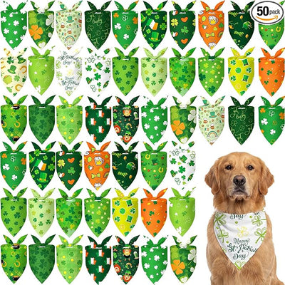Abbylike 50 Pcs St Patrick's Day Dog Bandanas Bulk Green Shamrocks Bandanas for Dogs Triangle Kerchief Bibs Scarf for Pet Irish Costume Photo Props Pet Shops Groomer, 25 Styles (31.5 x 21.7 x 21.7)