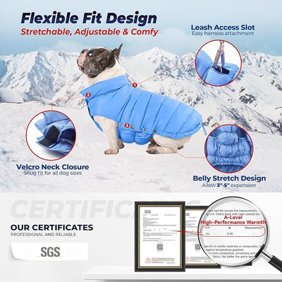 SPACE LION Dog Puffer Jacket, Down Winter Coat, Durable Outdoor Coat for Cold and Windy Conditions, Lightweight & Adjustable Fit Coats for Large Dogs,(Blue, Size28/4XL)