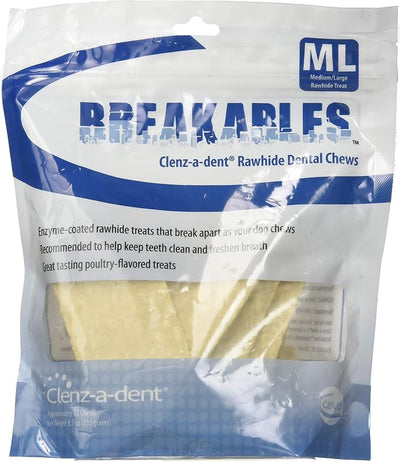 Clenz-A-Dent Breakables Rawhide Dental Chews for Dogs Medium Large (26-50lbs), Dog Dental Chews with Enzymes, Removes Plaque and Tartar, Poultry Flavor, 15 ct