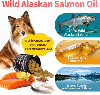 Salmon Oil for Dogs Skin & Coat, 13 in 1 Wild Alaskan Fish Oil for Dogs - Omega 3 EPA & DHA & ALA Fatty Acids, Dog Allergy Relief Chews, Joint & Immune Support, 90 Count, Chicken Flavor, Soft Chews