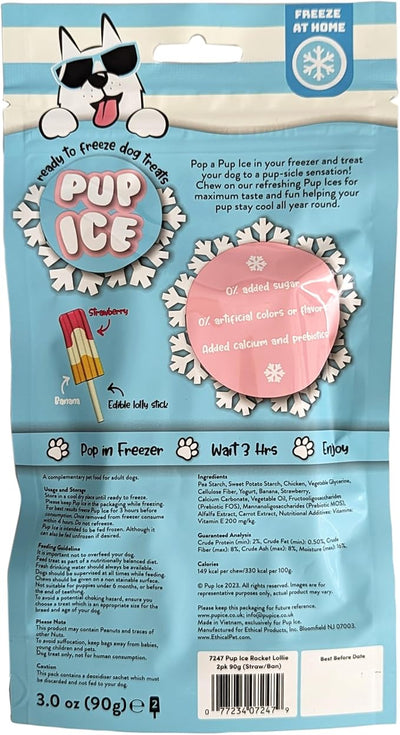 SPOT Pup Ice- Ready to Freeze at Home Dog Treats-Edible Chews for Medium Breed Dogs & Puppies with Real Chicken to Keep Your Pup Cool Year Round, Rocket Lollies Strawberry and Banana Flavor, 2pcs