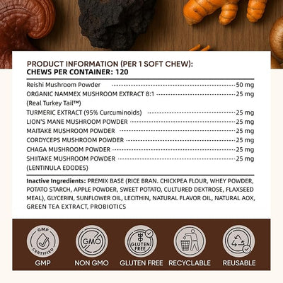Turkey Tail Mushroom for Dogs, Premium Pet Mushroom Chews, Joint Spine& Mobility Support, Immune Health, Skin & Coat Care, with Chaga, Cordyceps, Lion's Mane, Shiitake & Maitake, 120 Chews (1)