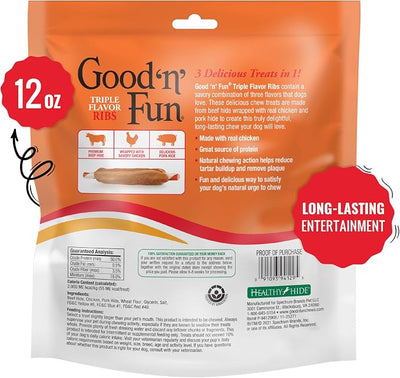 Good 'n' Fun Triple Flavor Ribs Chews for All Dogs, Treat Your Dog to Long-Lasting Chews Made with Beef Hide, Chicken and Pork Hide, 12 Ounces (Pack of 3)