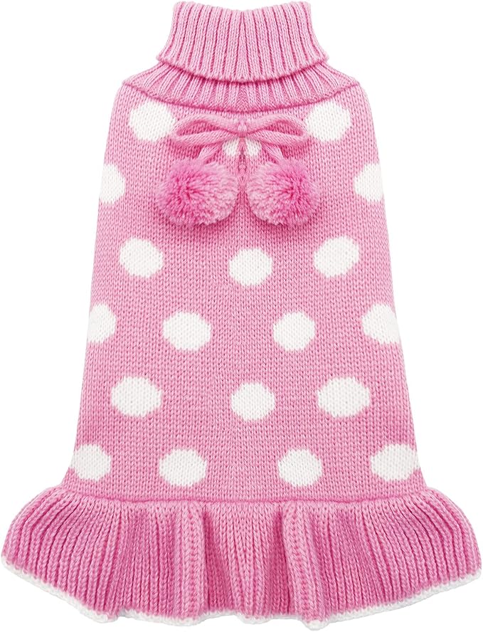 KYEESE Valentines Dog Sweater Dress, Warm Dog Sweaters for Small Dogs Girl Dogs Clothes, Pullover Cozy Knit Pet Apparel with Leash Hole, Pink Dot, M