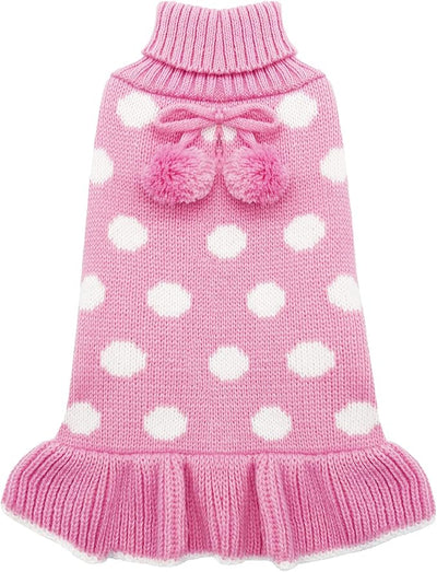 KYEESE Valentines Dog Sweater Dress, Warm Dog Sweaters for Small Medium Dogs Girl, Cozy Pullover Dog Clothes Pet Apparel with Leash Hole, Pink Dot, XL