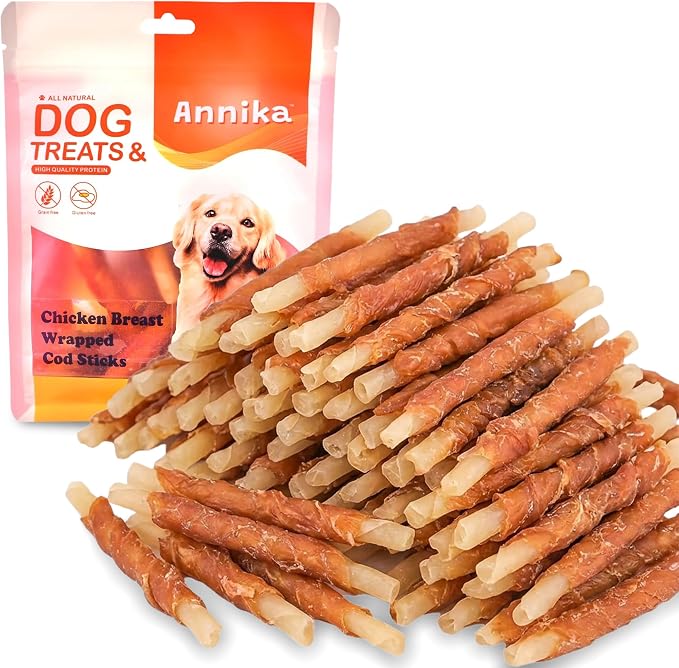 Annika Dog Treats Chicken Wrapped Cod Sticks – Natural, Single Ingredient Cod Dog Treats & Chicken Jerky for Dogs – Long Lasting Fish Chews for Small, Medium & Large Dogs, 11.6 oz