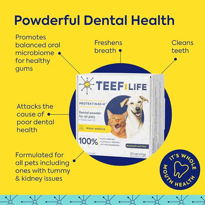 TEEF for Life Protektin42 Prebiotic Dog Dental Powder Kit - Tasteless Dog Breath Freshener & Food and/or Water Additive - Daily Dental Care, Plaque & Tartar Support, 90 Servings - 3 Packets