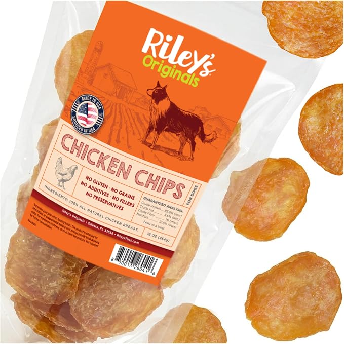 Riley's Waffles Chicken Chips for Dogs - USA Sourced 100% Chicken Breast - Dehydrated and Lean Jerky Treats - Single Ingredient Dog Treat - 16oz